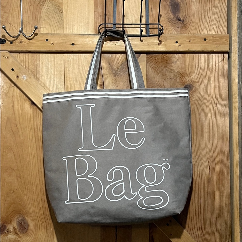 Le Bag Tan and White Canvas Tote with Bold Logo